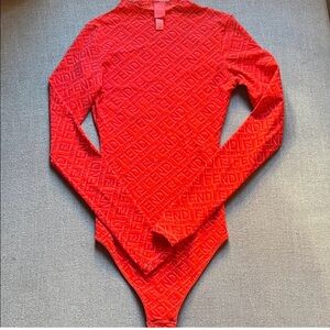 Fendi Embossed Logo Red Long Sleeve Bodysuit